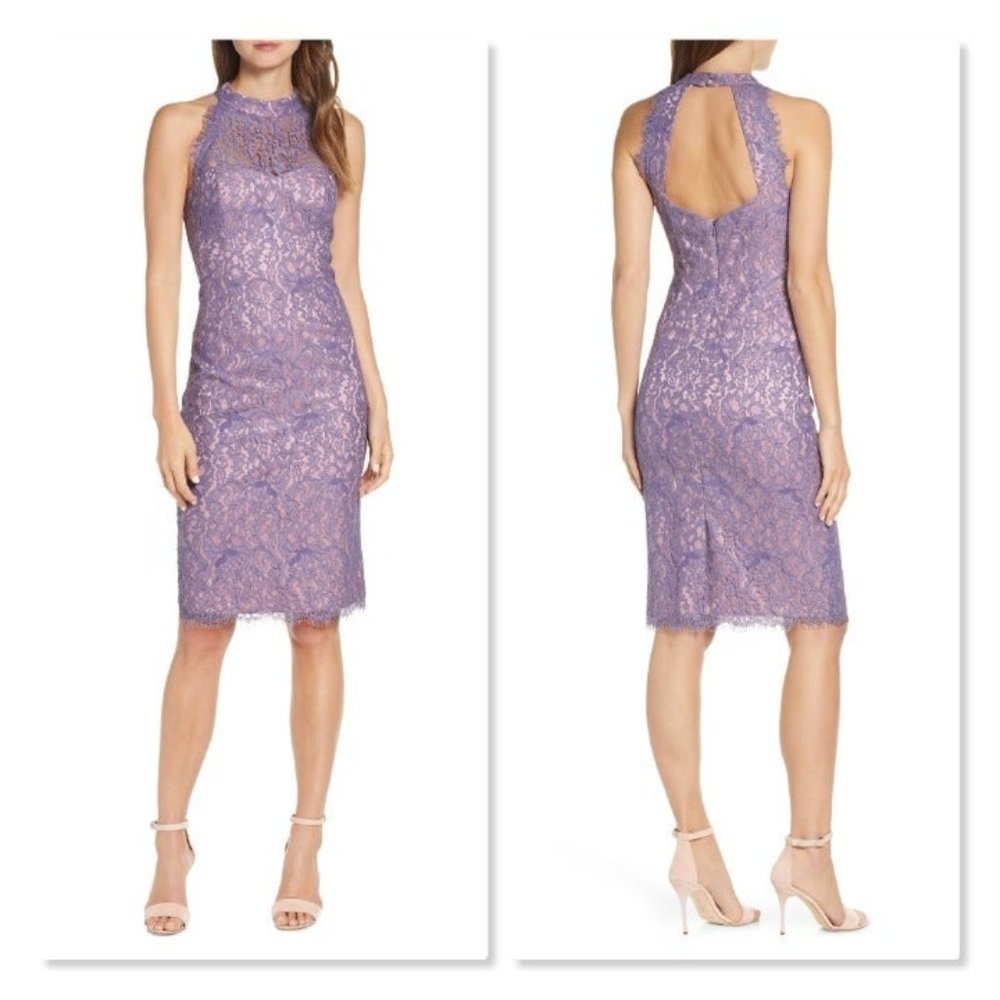 Eliza J: Lace Halter Neck Sheath Dress size 14 in Lavender/Pink- NEW